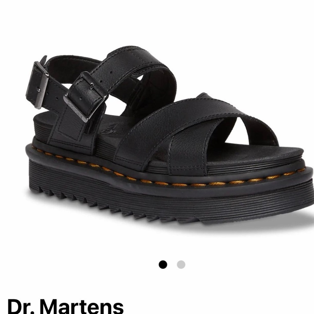 Dr. Martens Black Leather Platform Sandals with Yellow Stitching